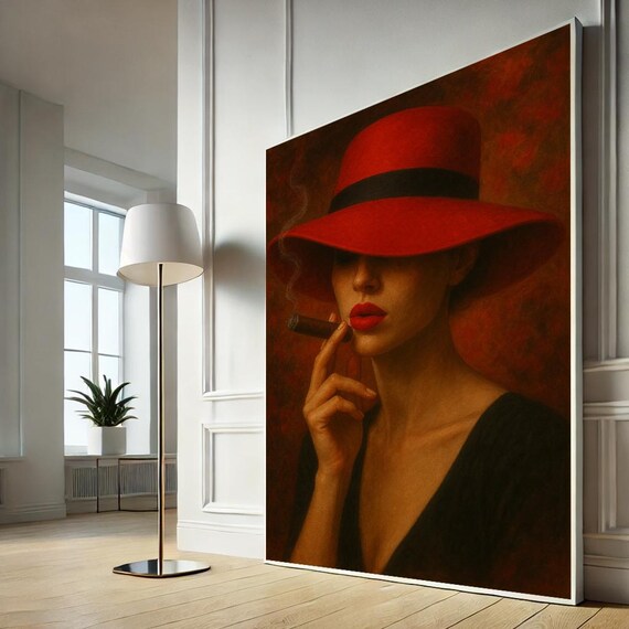 Red Hat Woman Smoking Cigar Moody Dark Portrait Canvas Wall Art