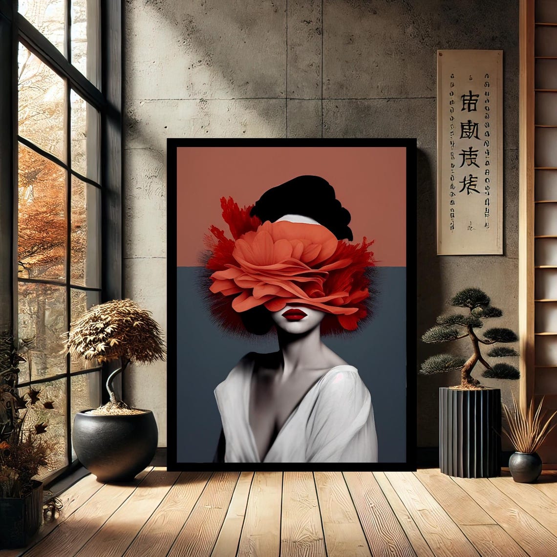 Woman With Red Flower Face Abstract Modern Portrait Painting Poster