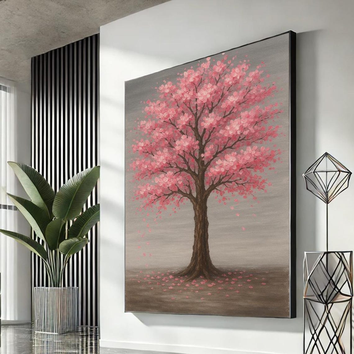 Pink Cherry Blossom Tree Painting Serene Spring Floral Wall Art