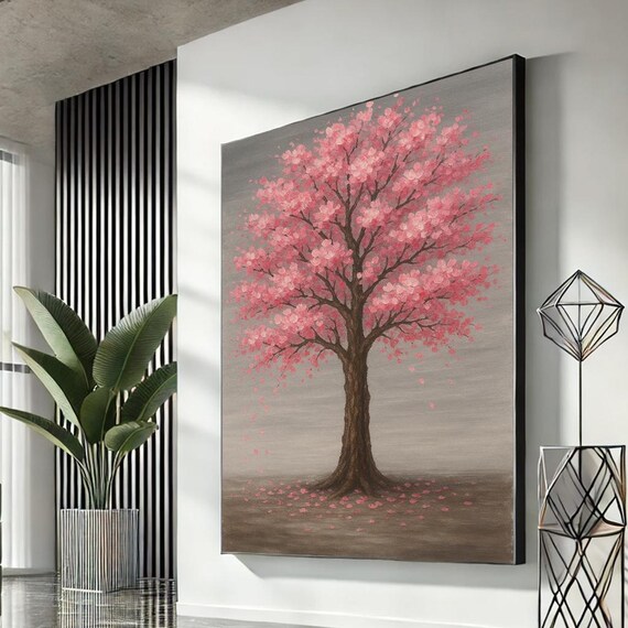 Pink Cherry Blossom Tree Painting Serene Spring Floral Wall Art