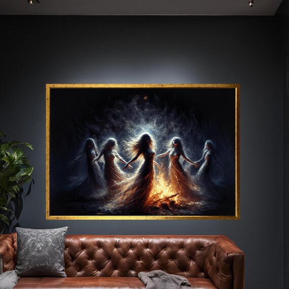 Mystical Fire Dance Canvas Wall Art Enchanted Witches Ritual Large Framed Decor Bohemian Magic Gift Gothic Witchy