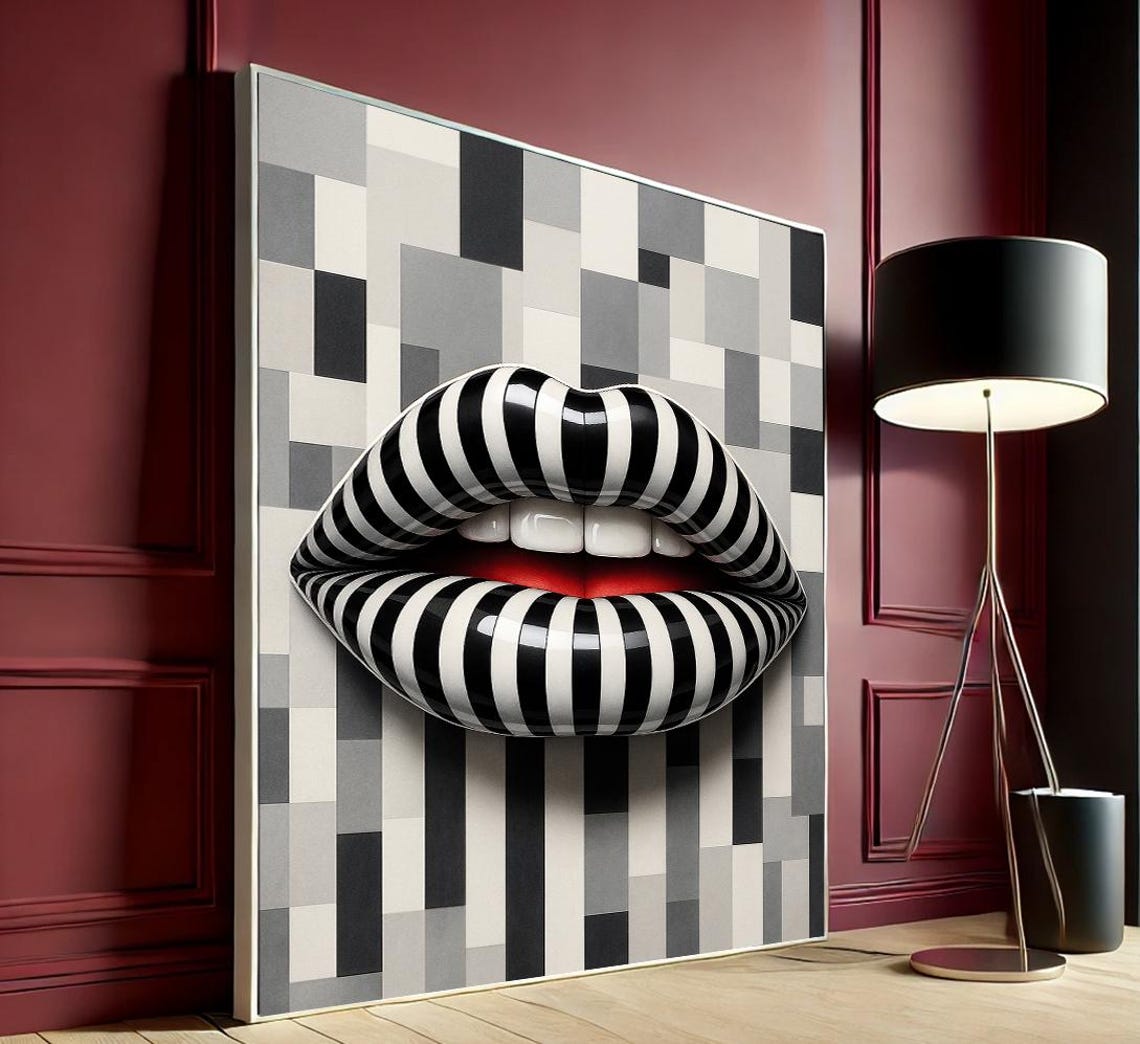 Striped Lips Pop Canvas Print Black White 3D Mouth Modern Optical Art