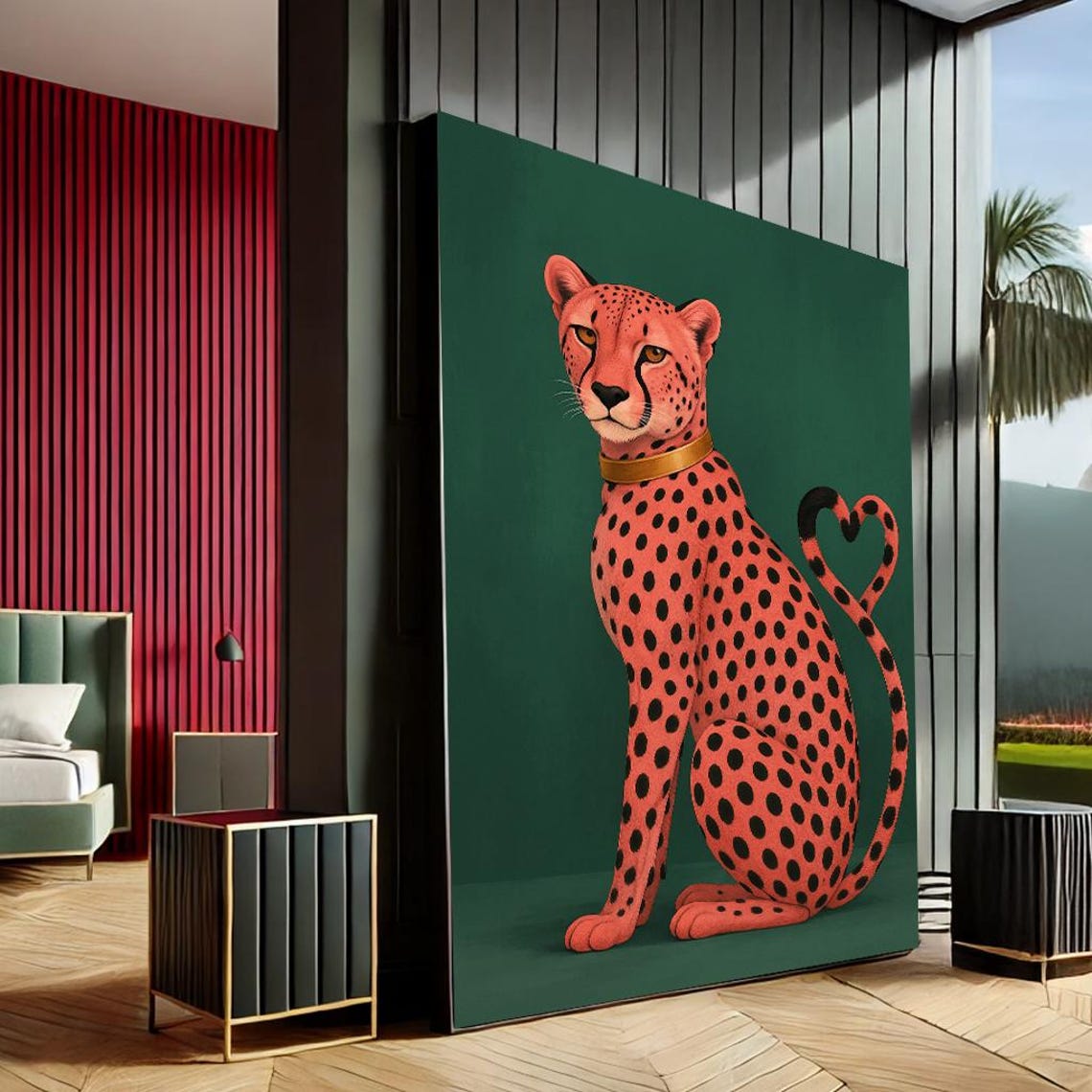 Pink Cheetah with Gold Collar Green Background Whimsical Art Print