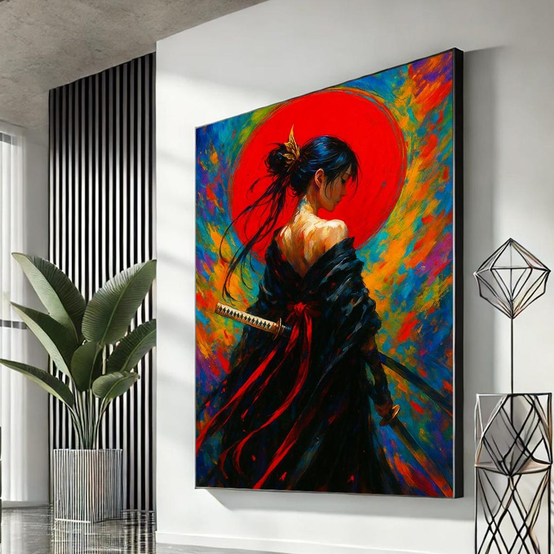 Japanese Samurai Woman Red Sun Katana Bold Colorful Art Poster