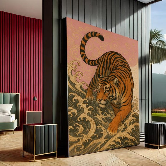 Majestic Tiger Japanese Style Canvas Wall Art Print Gold Black Living Room Decor Statement Piece