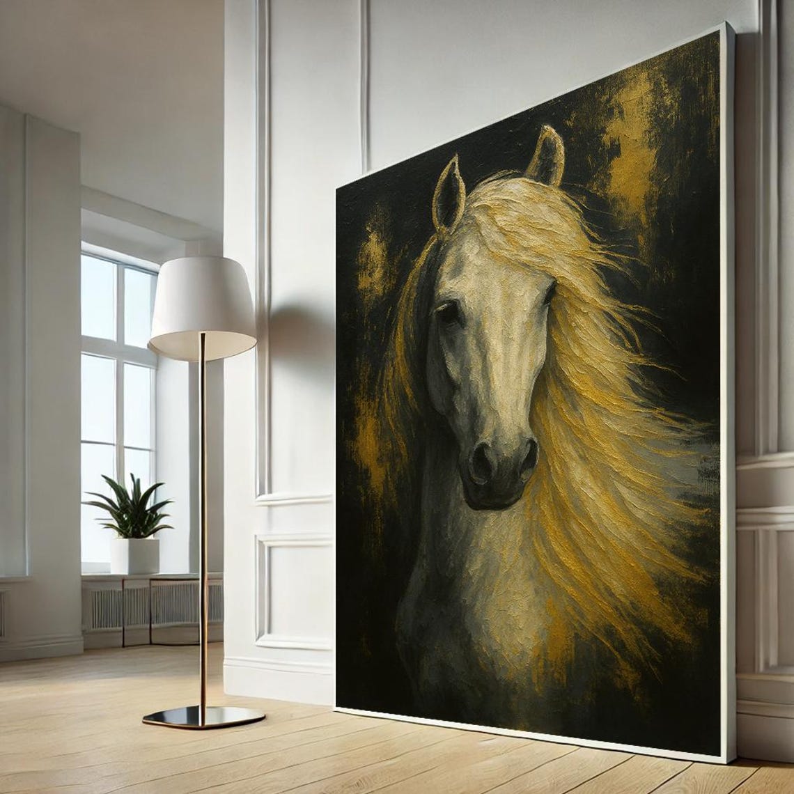 White Horse Golden Mane Bold Black Equestrian Wall Decor Print
