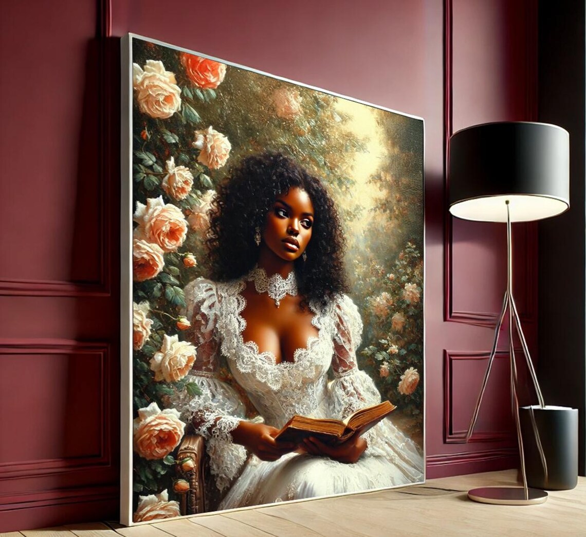 Vintage Woman White Lace Dress Reading Book Roses Romantic Art Poster