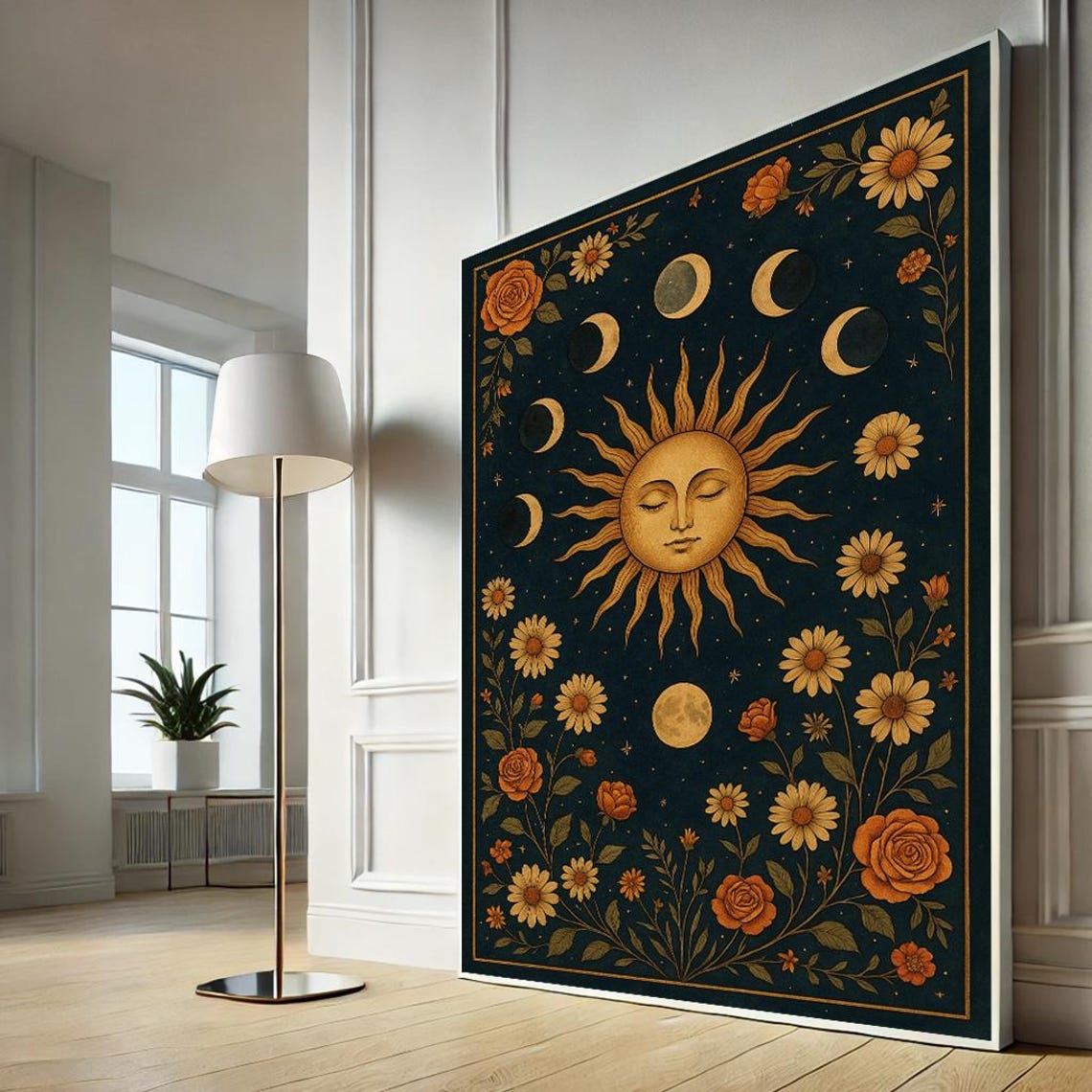 Boho Sun And Moon Phases Canvas Wall Art Print Mystical Floral Astrology Poster Celestial Home Decor