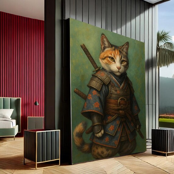 Samurai Cat in Armor With Katana Whimsical Japanese Warrior Art Poster