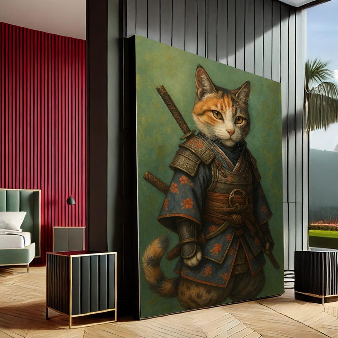 Samurai Cat in Armor With Katana Whimsical Japanese Warrior Art Poster