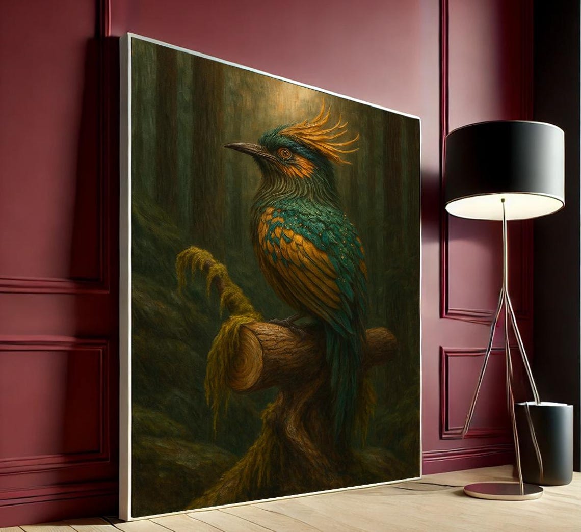Crested Emerald Gold Forest Bird Fantasy Plumage Style Poster