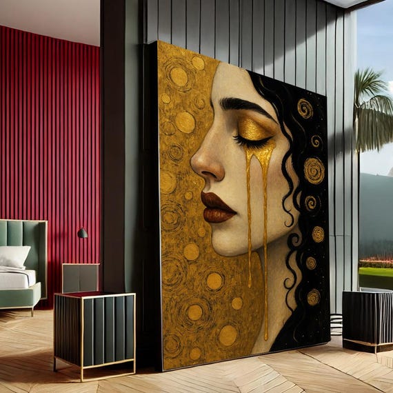 Golden Tears Woman Modern Canvas Wall Art Print Black Gold Living Room Decor Statement Piece