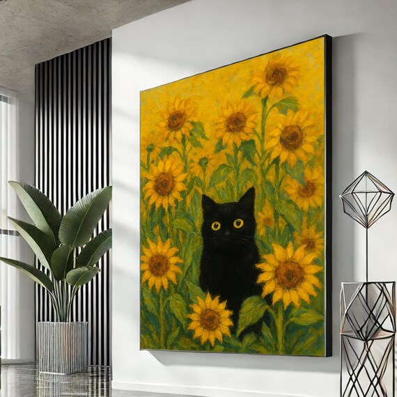 Black Cat in Sunflowers Whimsical Yellow Floral Animal Art Poster