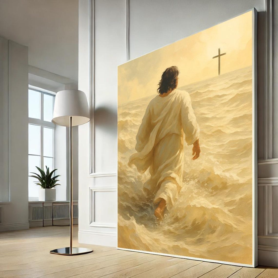 Jesus Walking On Water Toward Cross Golden Christian Wall Art