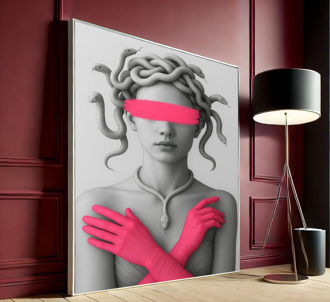 Modern Medusa Canvas Print Greek Mythology Snake Hair Pink Blindfold