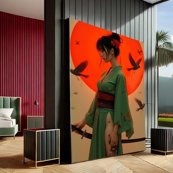 Samurai Woman Red Sun Katana Green Kimono Japanese Art Poster