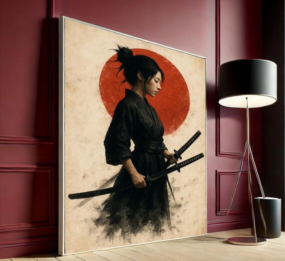 Japanese Katana Woman Canvas Minimalist Samurai Wall Art Zen Warrior Poster Print Ready To Hang Home Decor