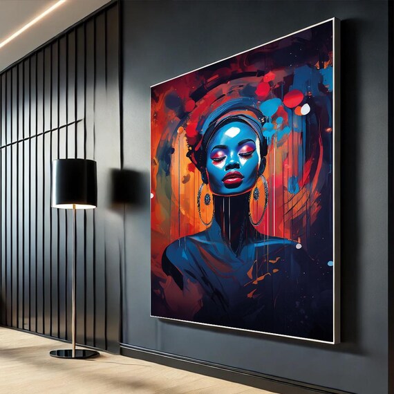 Serene Blue Woman Portrait Fiery Orange Abstract Beauty Art Wall Poster