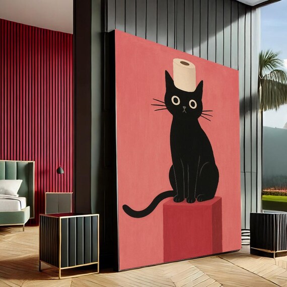 Whimsical Black Cat with Toilet Paper Hat on Coral Red Art Print