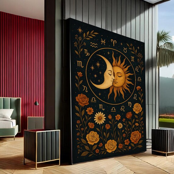 Mystical Sun And Moon Zodiac Canvas Wall Art Print Black Gold Bedroom Decor Statement Piece