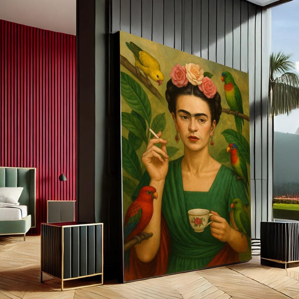 Frida Kahlo Portrait Colorful Parrots Green Dress Mexican Folk Art Print
