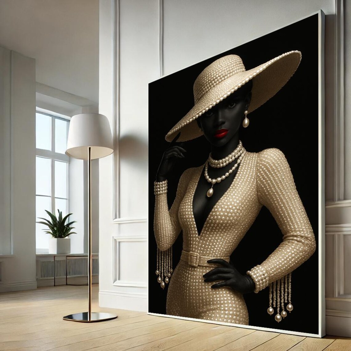 Pearl Encrusted Gown Red Lips Fashion Portrait Glamour Canvas Wall Art