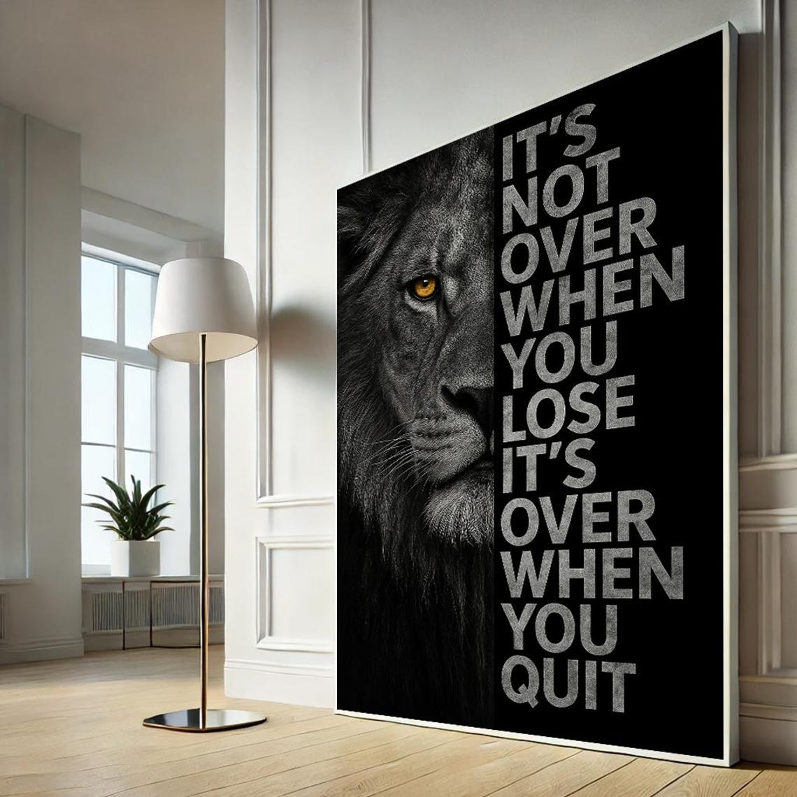 Monochrome Black Lion Never Quit Motivational Quote Art Poster