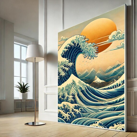 Hokusai Great Wave Orange Sun Classic Blue Japanese Ocean Print