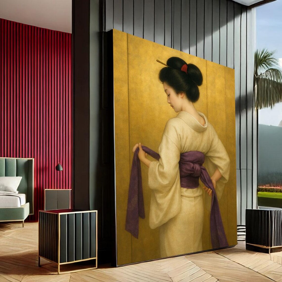 Elegant Japanese Geisha Purple Obi Golden Backdrop Kimono Art Poster