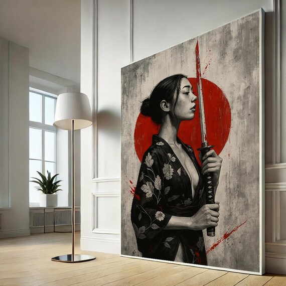 Woman With Katana Red Sun Japanese Warrior Ink Style Canvas Poster