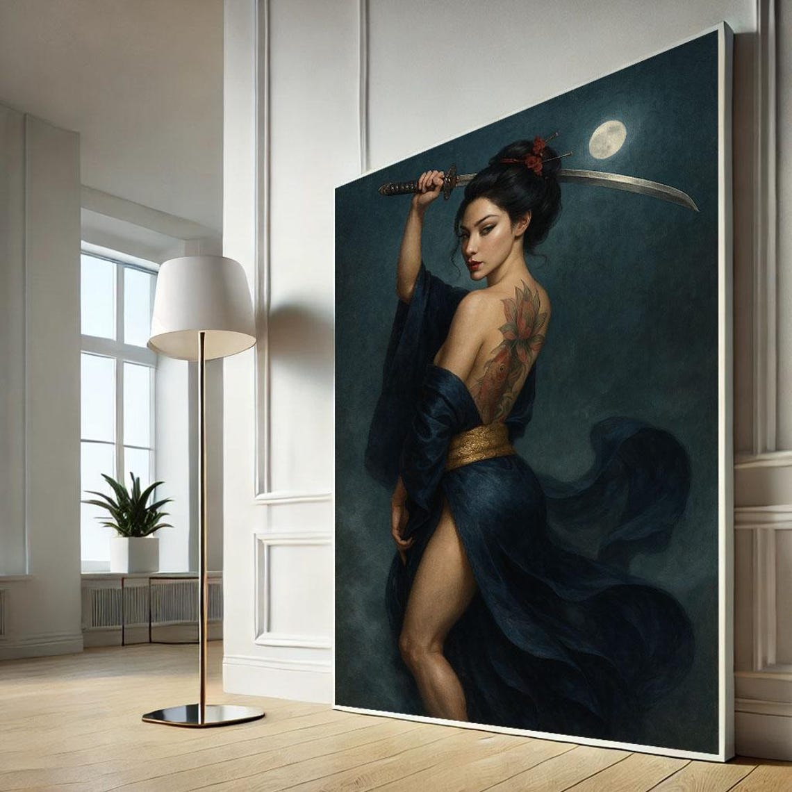 Samurai Woman with Katana Overhead Moonlight Dark Japanese Art Poster