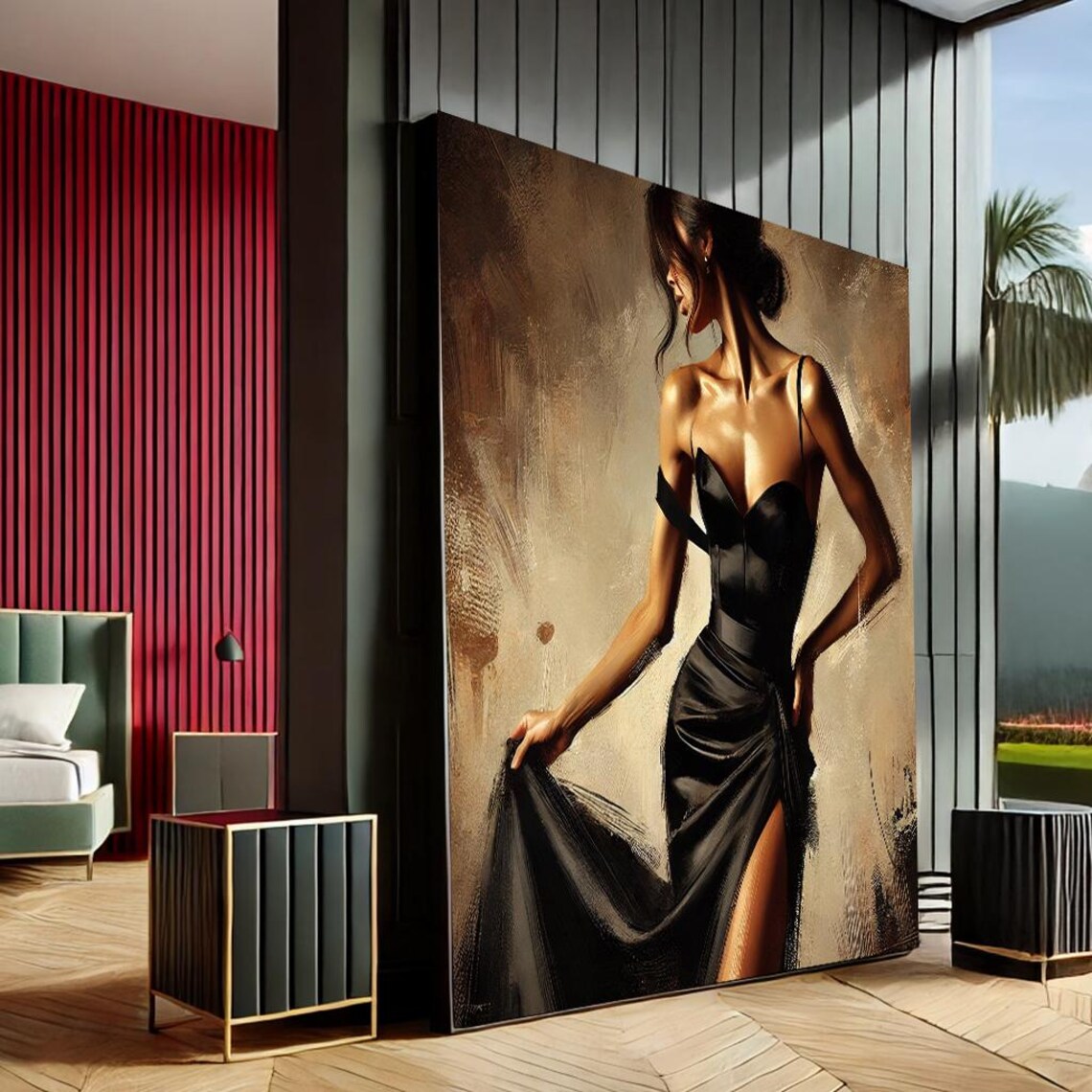 Elegant Woman Flowing Black Gown Gold Textured Canvas Portrait Poster