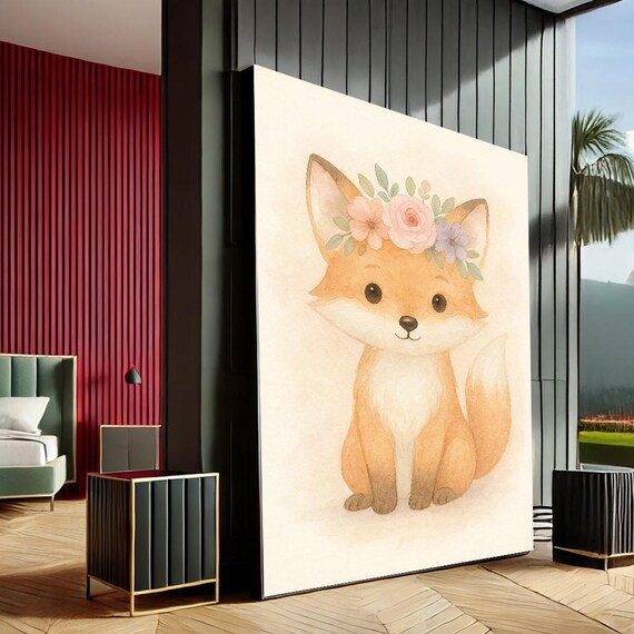 Baby Fox Wearing Floral Crown Cute Watercolor Nursery Animal Poster