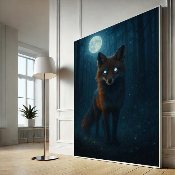 Mystic Fox Under Moonlight Canvas Wall Art Print Fantasy Forest Animal Artwork Mysterious Home Decor
