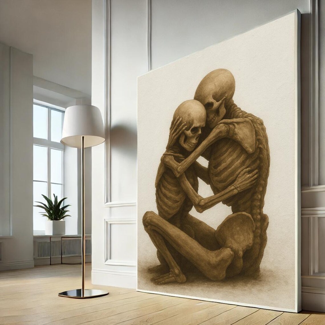 Moody Skeleton Embrace Canvas Art Surreal Sepia Hugging Figures For Living Room Unique Gothic Home Decor Gift