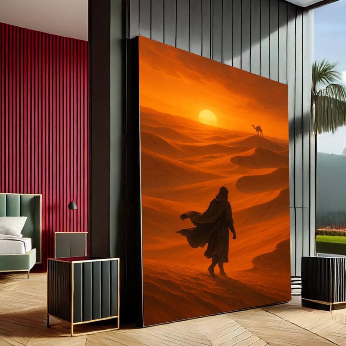 Mystical Desert Wanderer Sunset Orange Dunes Silhouette Canvas Art Poster