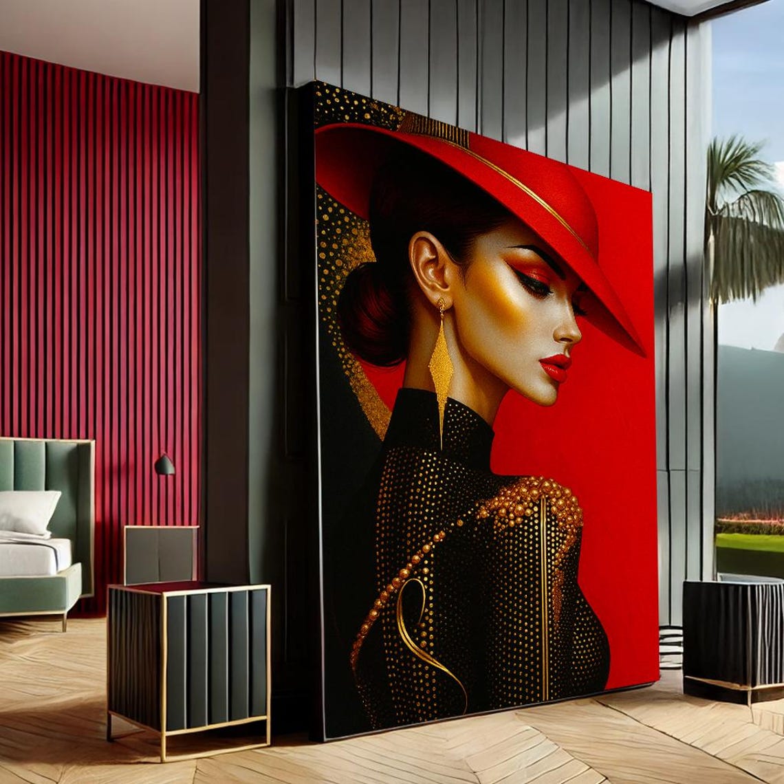 Bold Elegant Woman Modern Pop Art Canvas Wall Print Red Gold Bedroom Decor Statement Piece