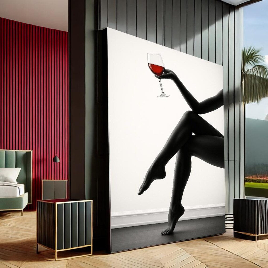 Elegant Woman Silhouette Wine Glass Black White Modern Canvas Poster