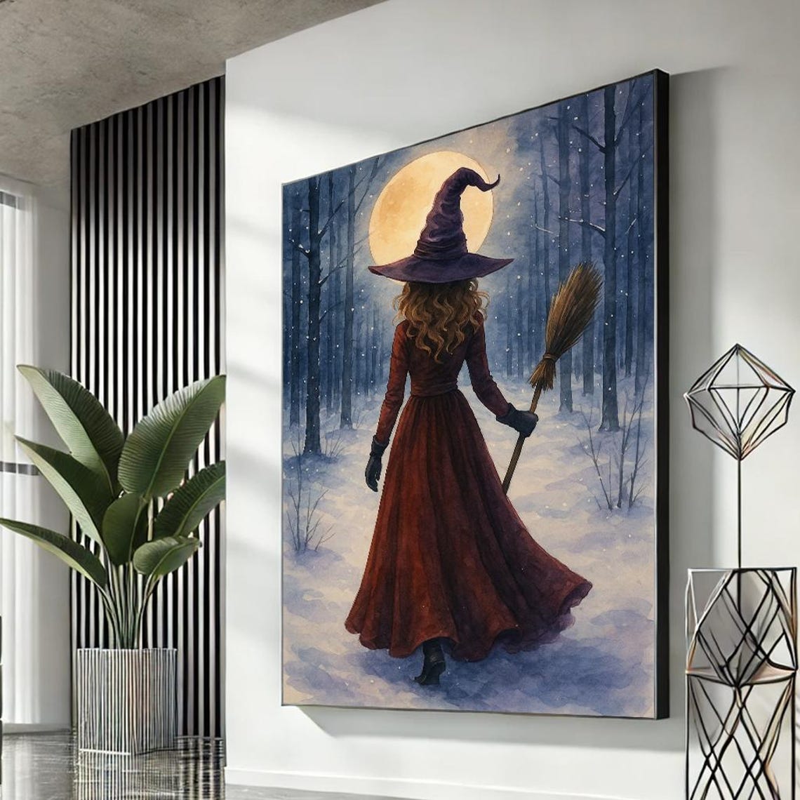Enchanting Witch Moonlit Snowy Forest Whimsical Winter Art Poster