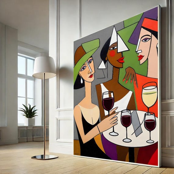 Picasso Style Women With Wine Canvas Bold Cubist Wall Art Print Featuring Three Elegant Figures