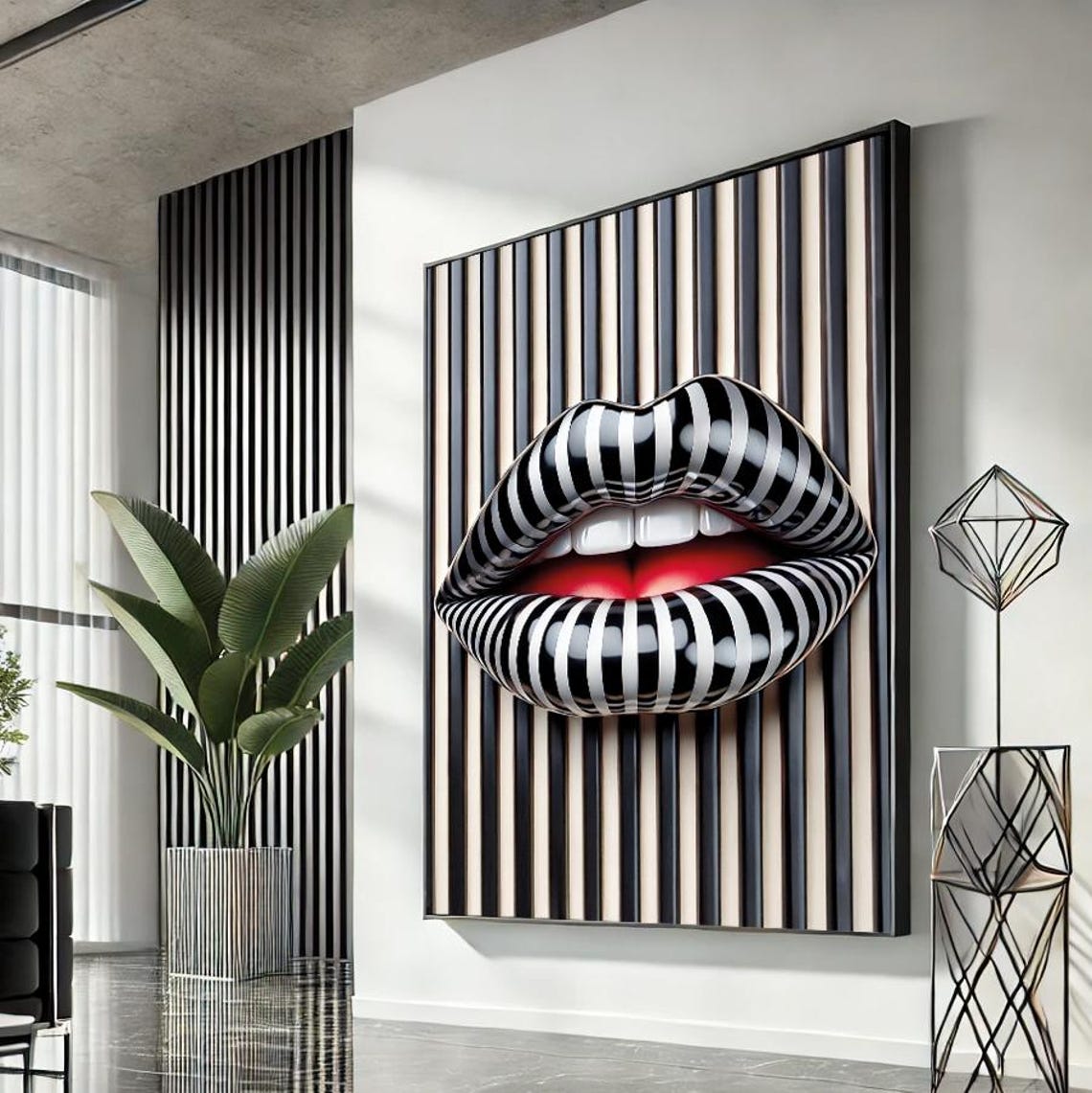Glossy Striped Lips Bold Pop Art Canvas Statement Wall Decor Print