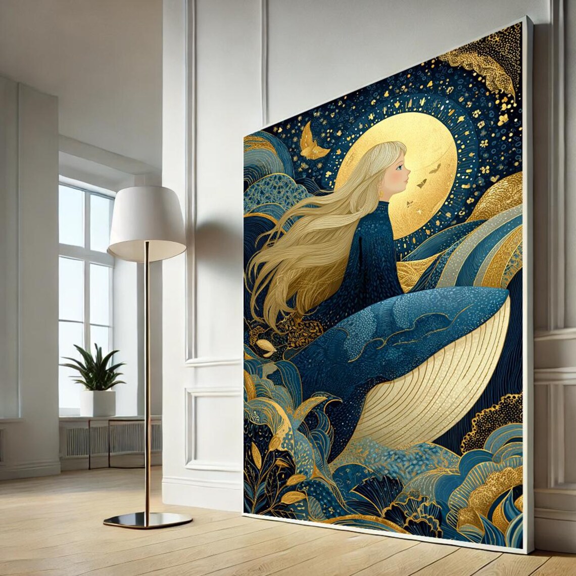 Woman Riding Whale Golden Moon Art Nouveau Blue Gold Wall Art