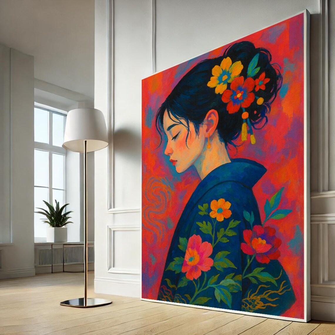 Japanese Geisha Woman Floral Kimono Colorful Wall Decor Print