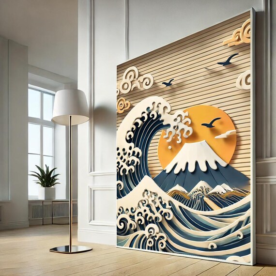 Mount Fuji Paper Cut Wave Sunset Layered 3D Japanese Art Poster
