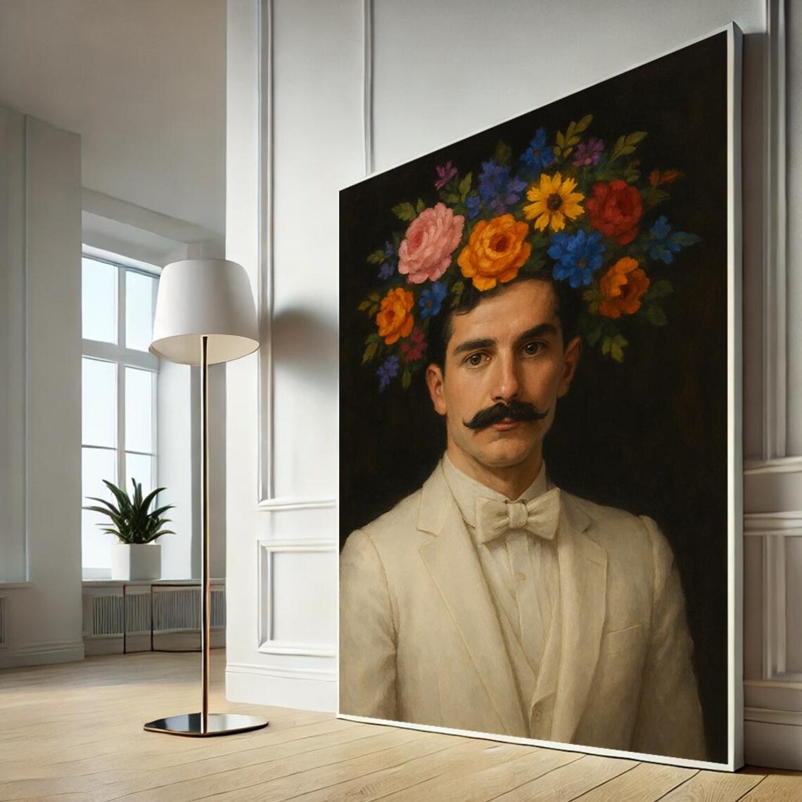 Elegant Gentleman Floral Crown Portrait Mustache Vintage Art Poster