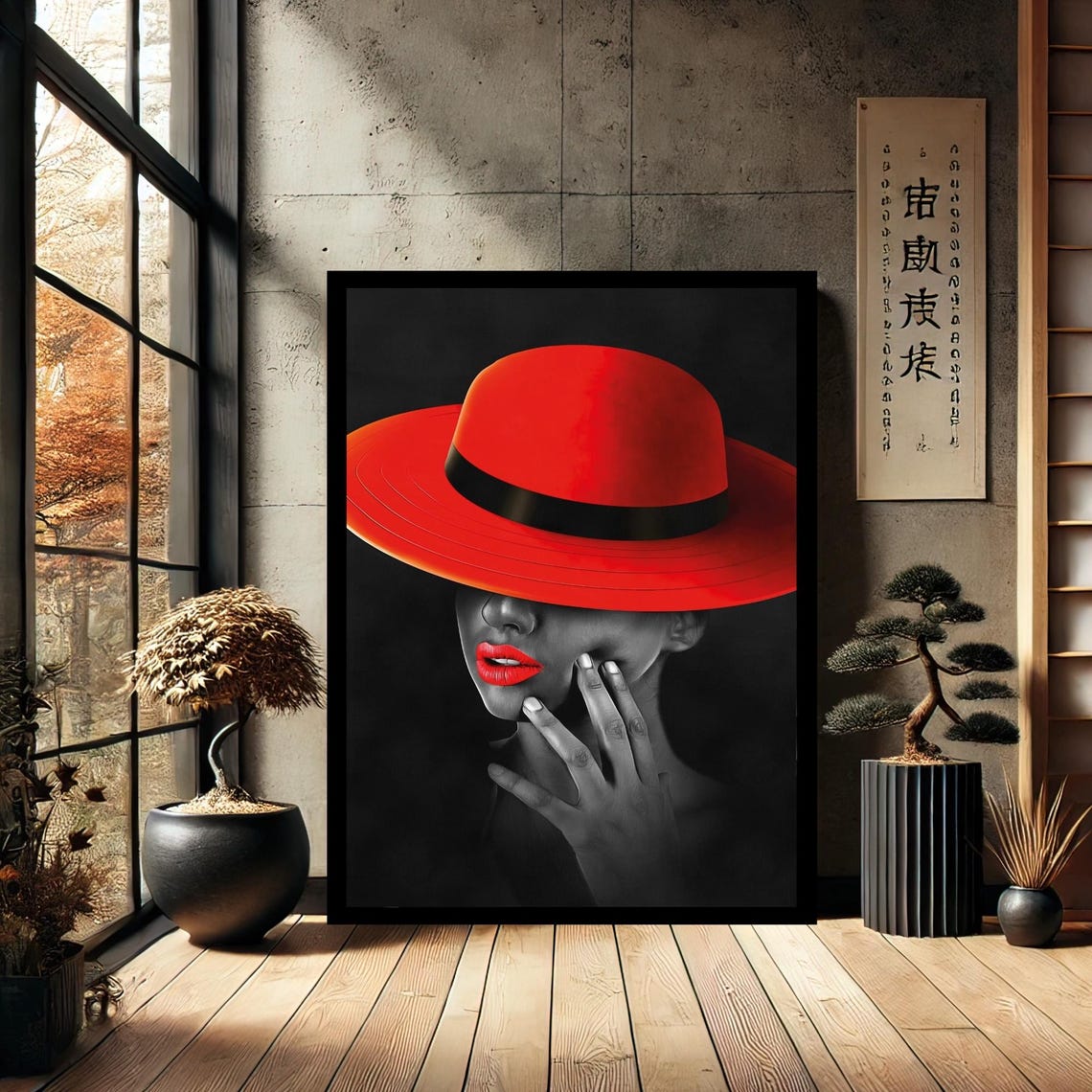 Beatiful Woman In Red Hat Makeup Modern Canvas Wall Art Abstract Home Decor Print