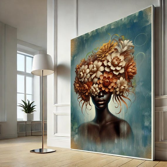 Floral Headdress Woman Canvas Wall Art Print Unique Abstract Portrait For Modern Home Office Or Living Room Decor