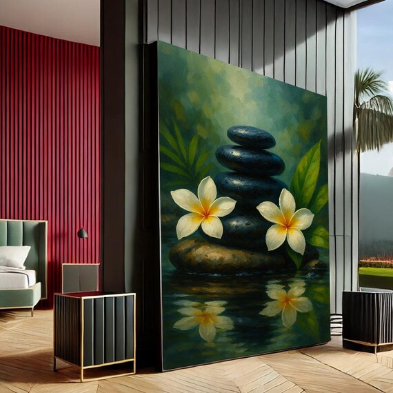 Calming Zen Stones And Flowers Canvas Wall Art Print Green Yellow Bedroom Decor Ready To Hang