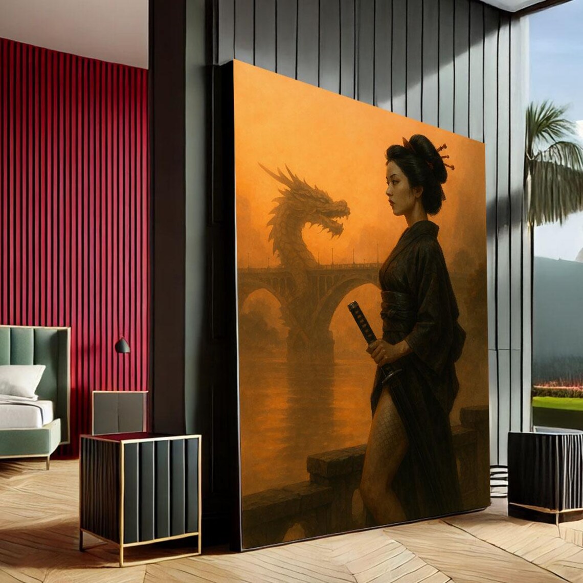 Elegant Geisha And Dragon Japanese Sunset Bridge Canvas Print
