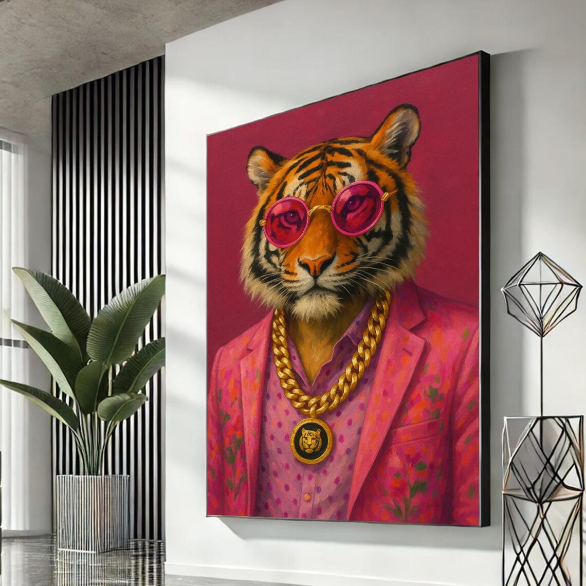 Tiger Wearing Pink Suit Sunglasses Gold Chain Fun Pop Art Animal Poster